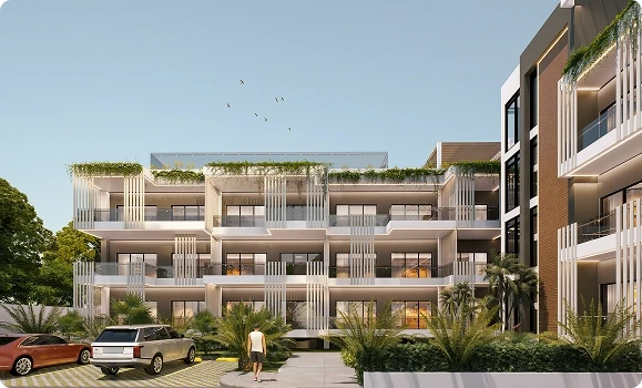 Rendering of the Orion Residences building, with balconies and a planted roof