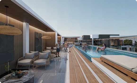 Rendering of a rooftop pool terrace at Orion Residences