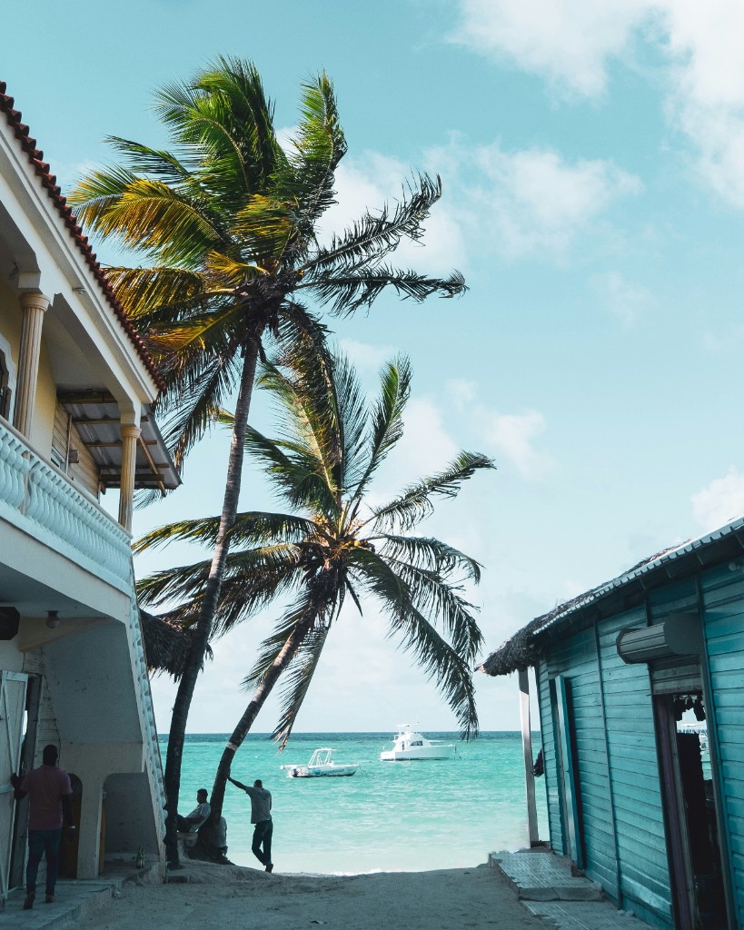 Palms, a sandy lane, and boats on turquoise water